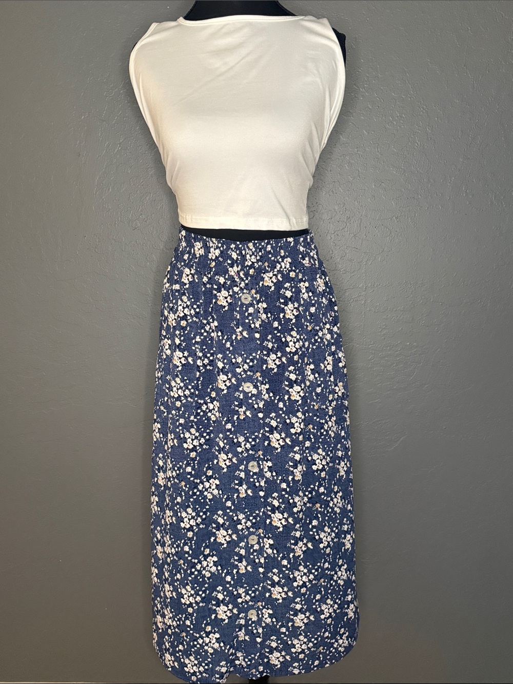 Navy Floral Maxi Skirt with White Blossom Print and Pockets